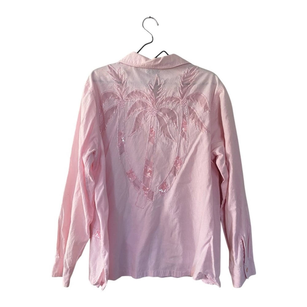 Quacker Factory Pink Palm Tree Sequin Button Up S… - image 2
